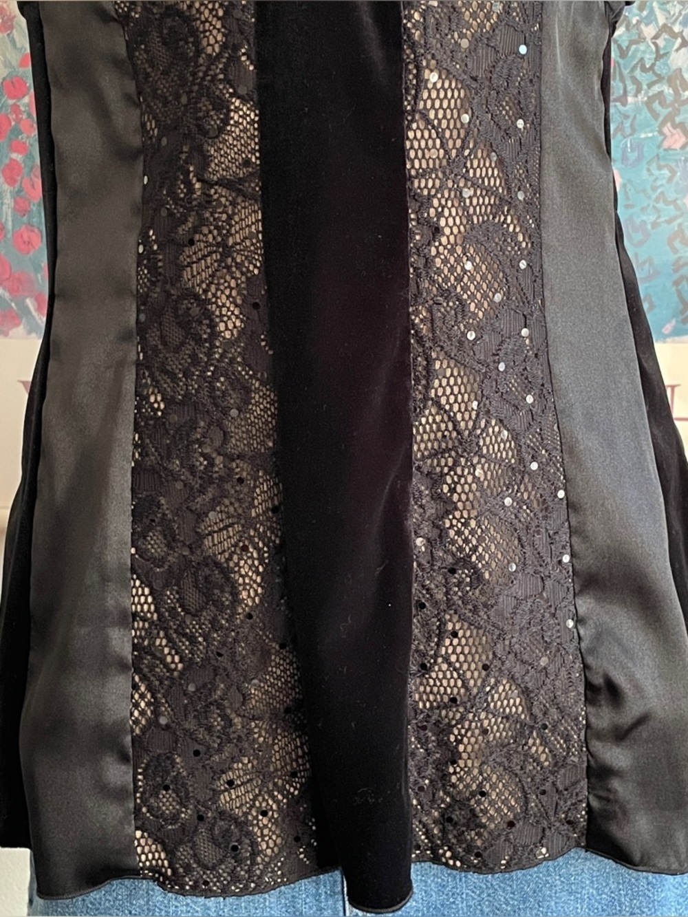 Vintage Caché Bustier Top L Black Velvet Lace Burnout Whimsigoth Vamp 90s Y2K - Picture 9 of 12